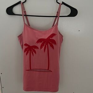 Pink Palm-Print Spaghetti Strap Tank Top with built in bra